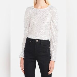EXPRESS Cream Ivory Sequin Holiday Puff Shoulder Elegant Festive Popover Blouse